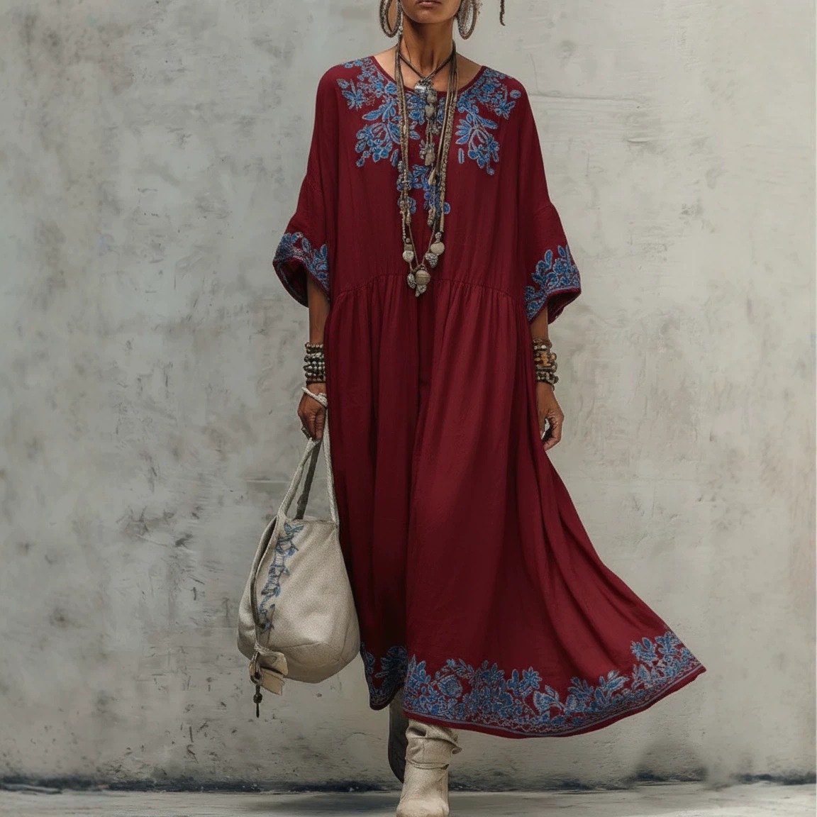 Women's Loose Fit Floral Print Round Neck Midi Dress