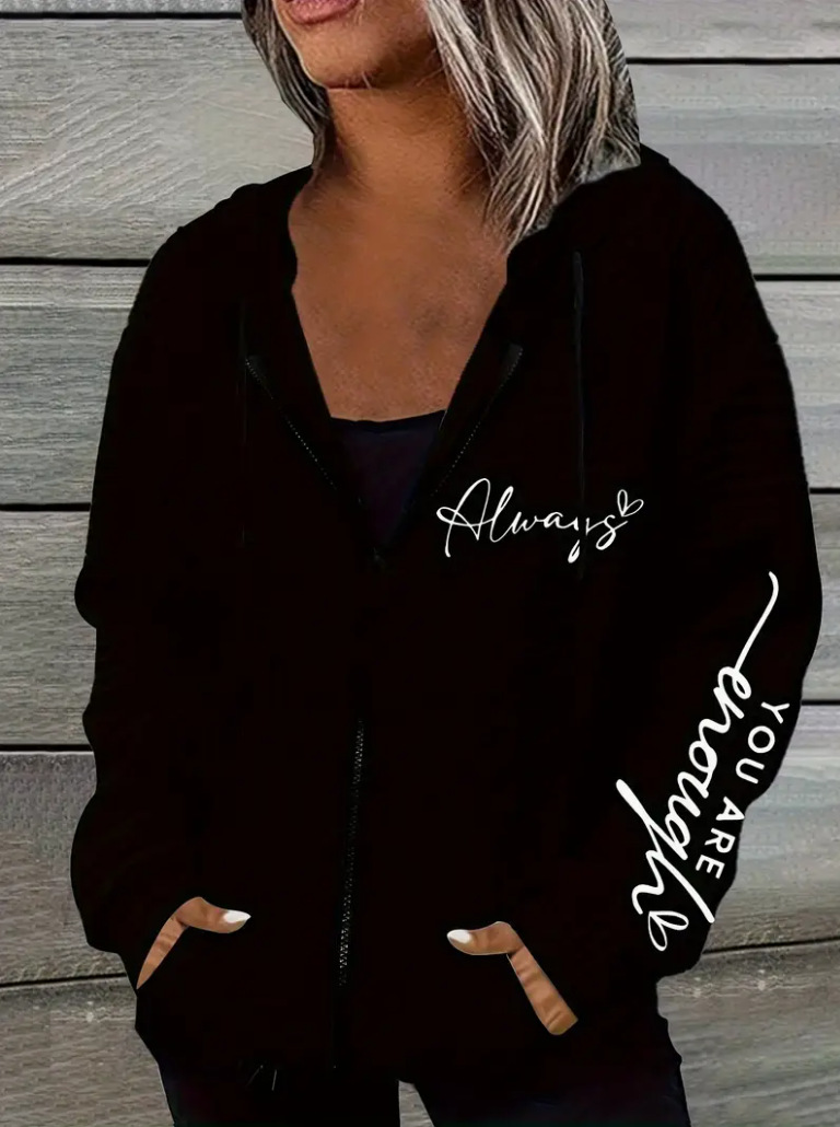 Letter Print Zip-Up Hooded Sweatshirt Jacket for Women