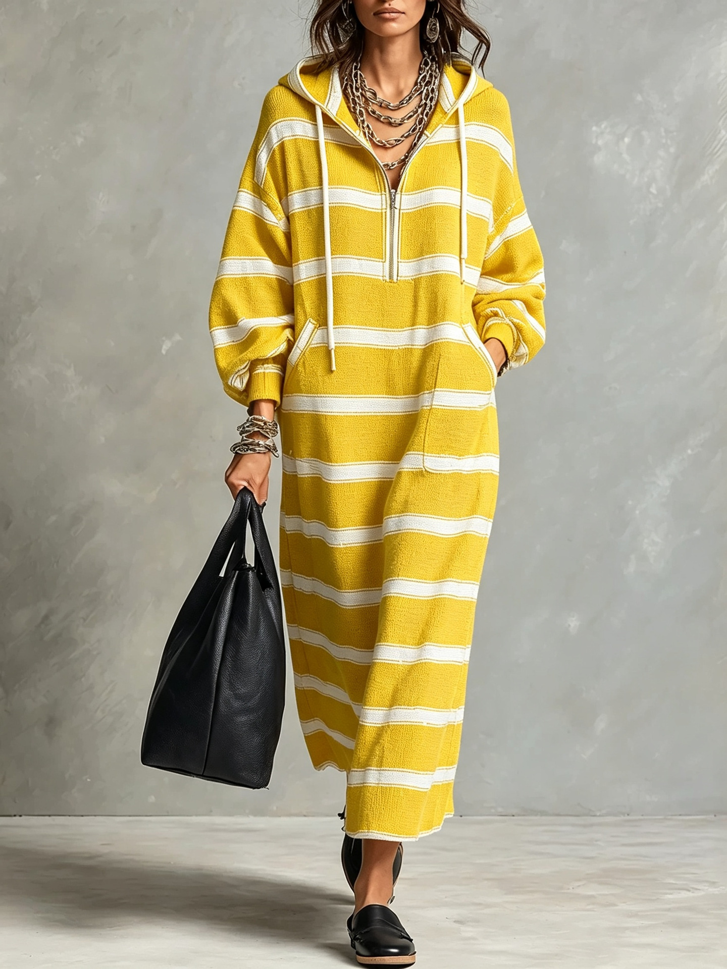 Hooded Half-Zip Loose Plus-Size Print Long Sweatshirt Dress