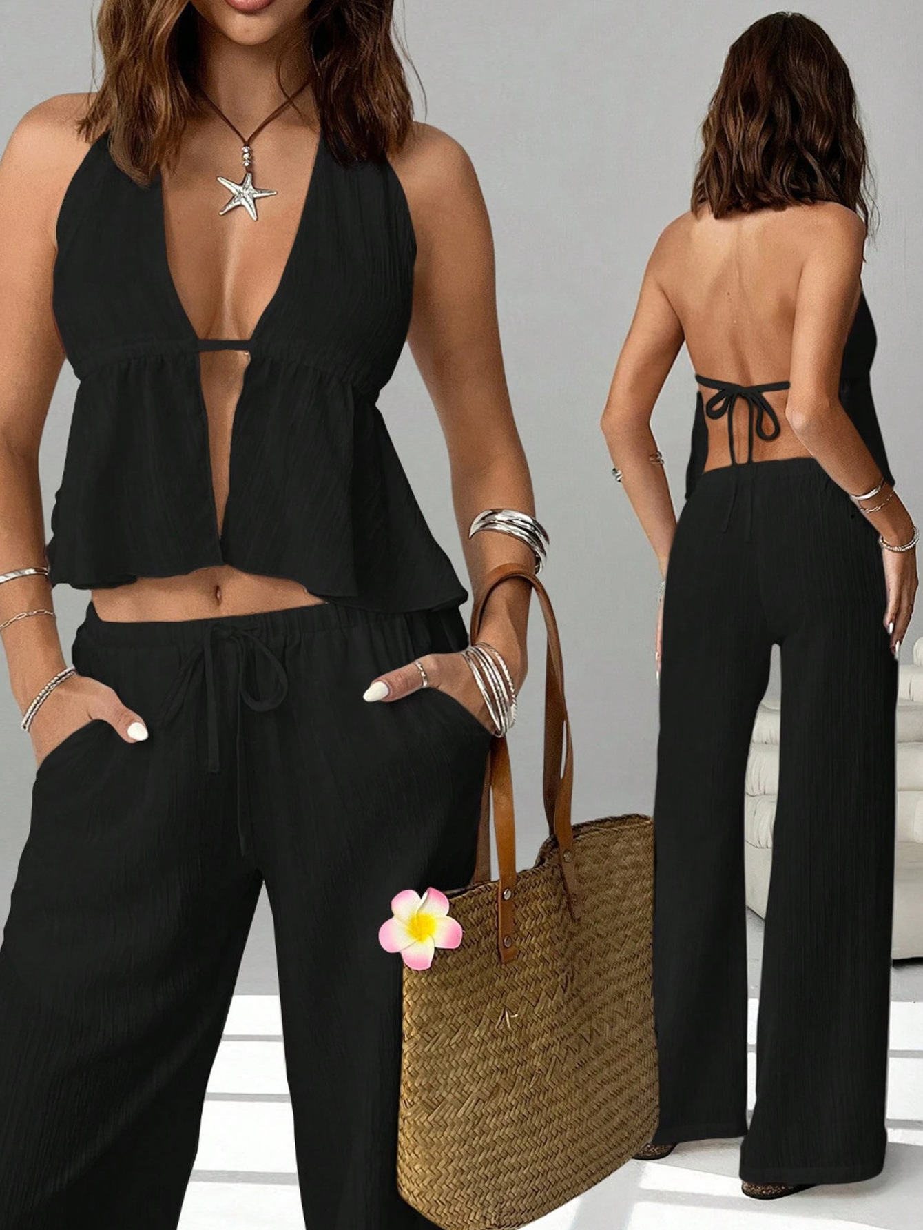 Women's Halter Tie Backless Sleeveless Tank Top Slim Fit Pants Set