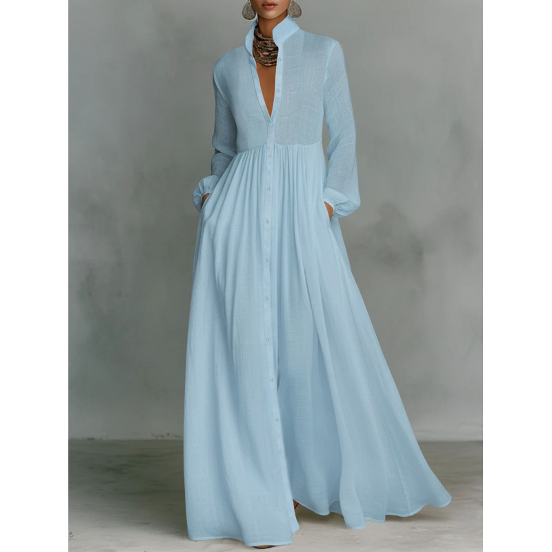 Textured Stand Collar Long Shirt Dress with Lantern Sleeves and Pockets