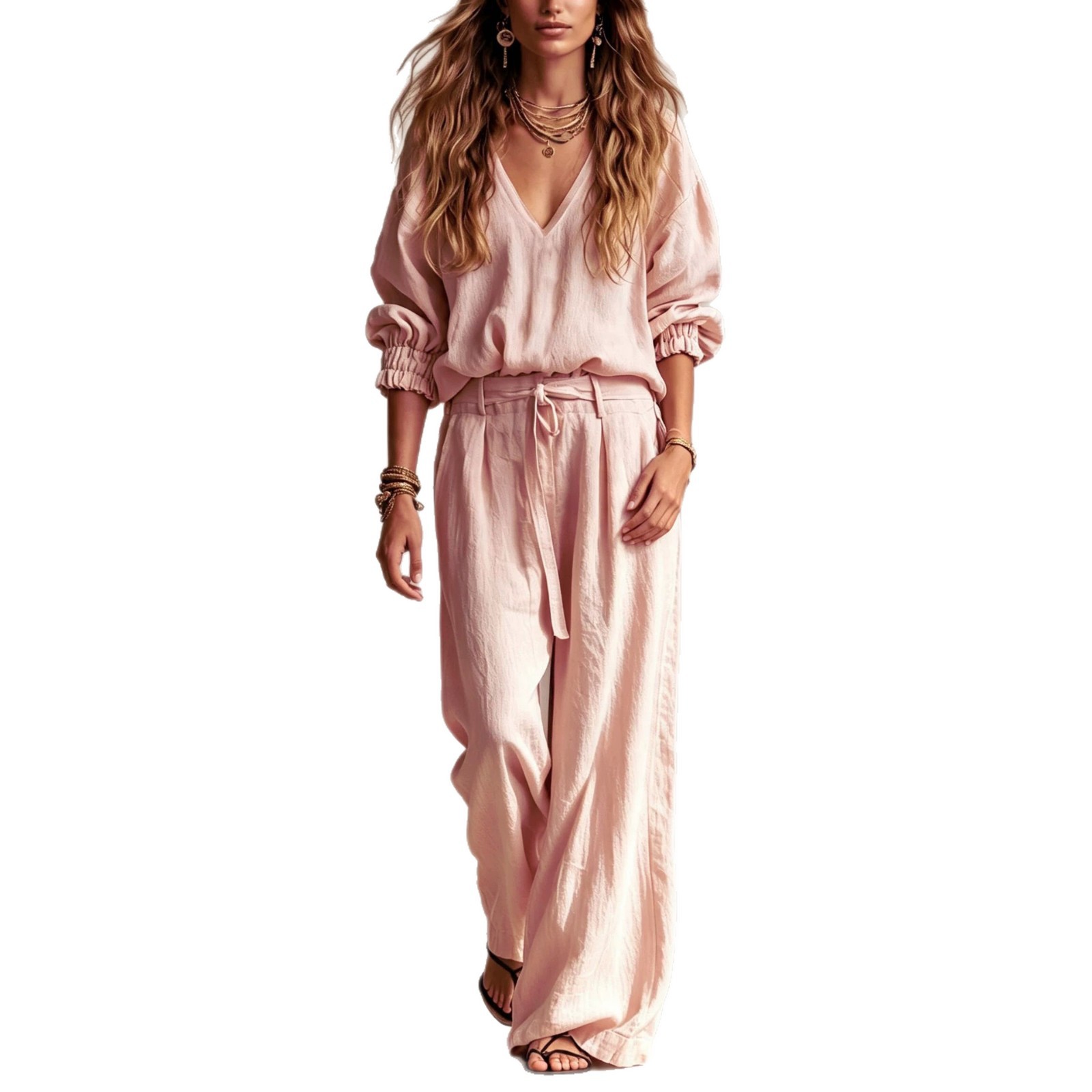 Women's Casual Two-Piece Set Loose V-Neck Top & Wide-Leg Pants with Belt