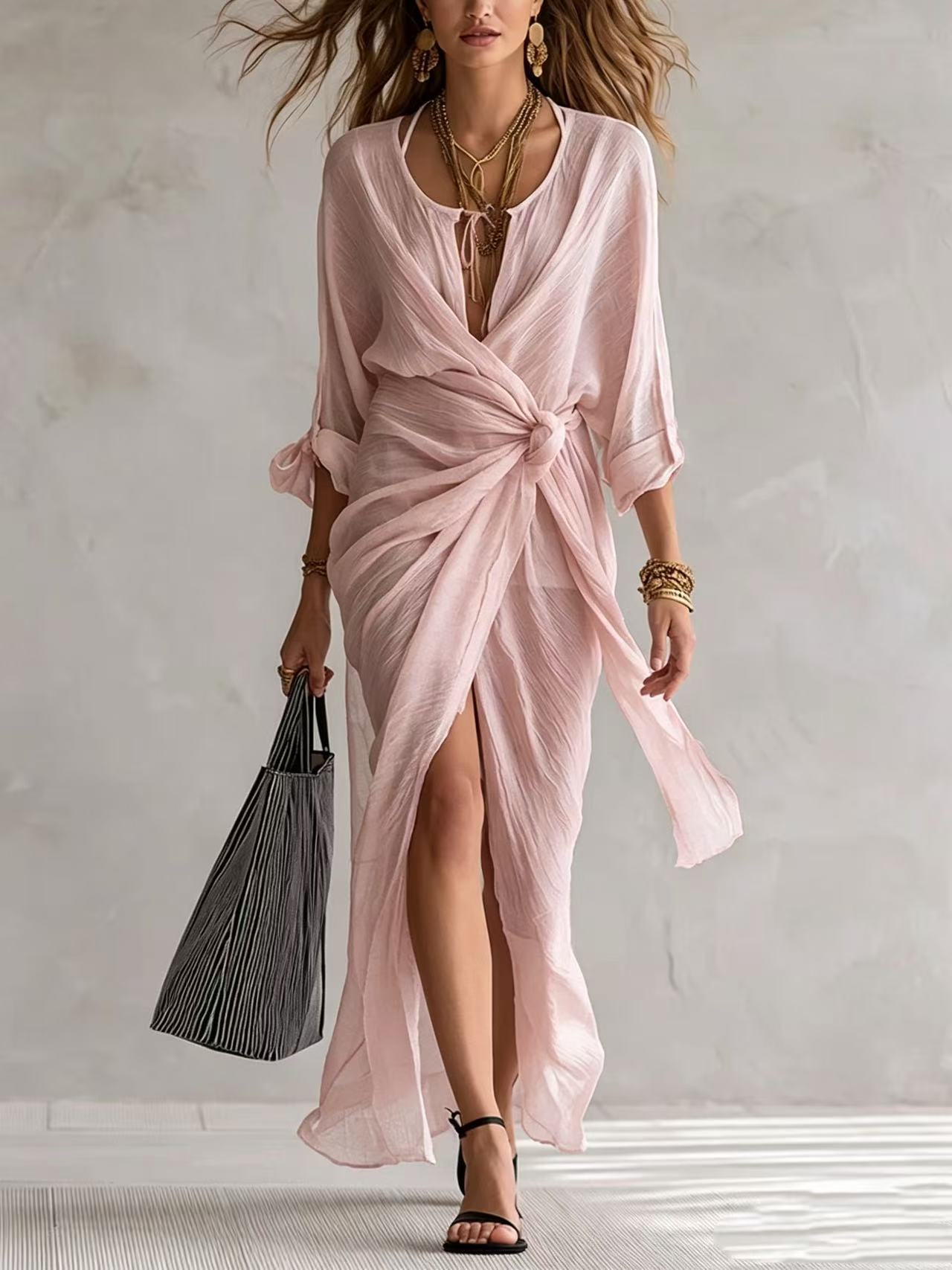 Wrap Tie 3/4 Sleeve Deep V Slit Beach Cover-Up Dress