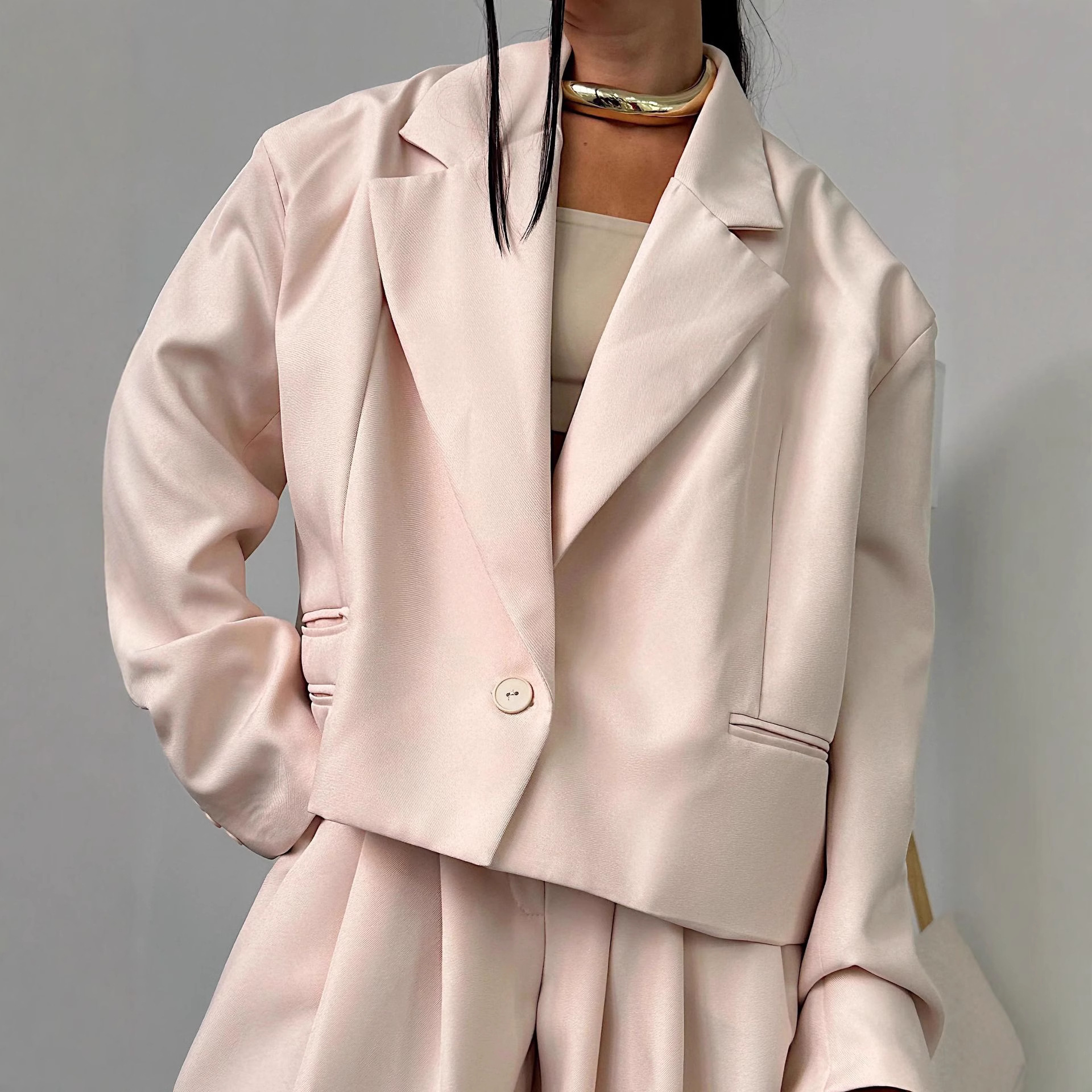 Women's Lapel Single-Breasted Loose Blazer & Wide-Leg Pants Two-Piece Set