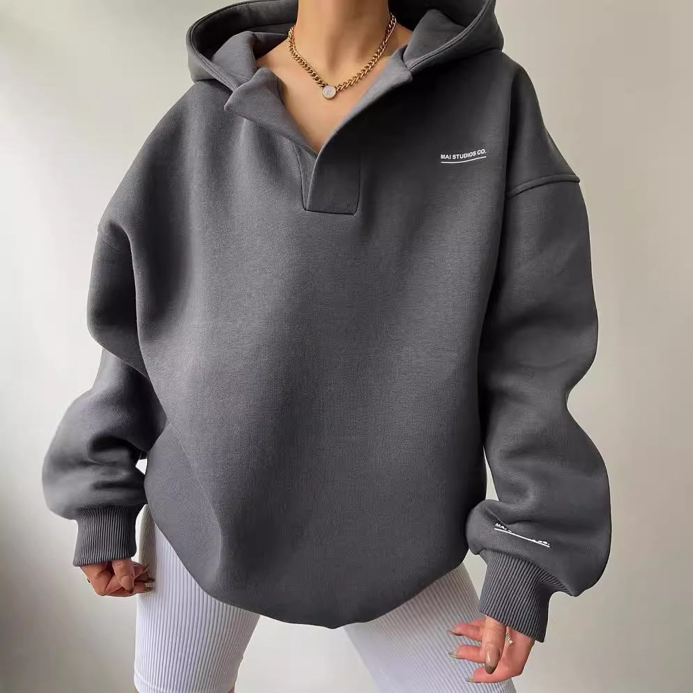 Fleece-Lined Hooded V-Neck Print Long-Sleeve Sweatshirt