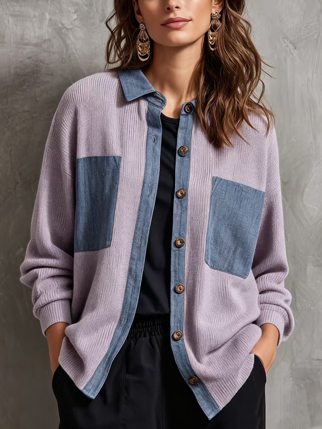 Color-Block Denim-Trim Knit Cardigan with Wood Buttons
