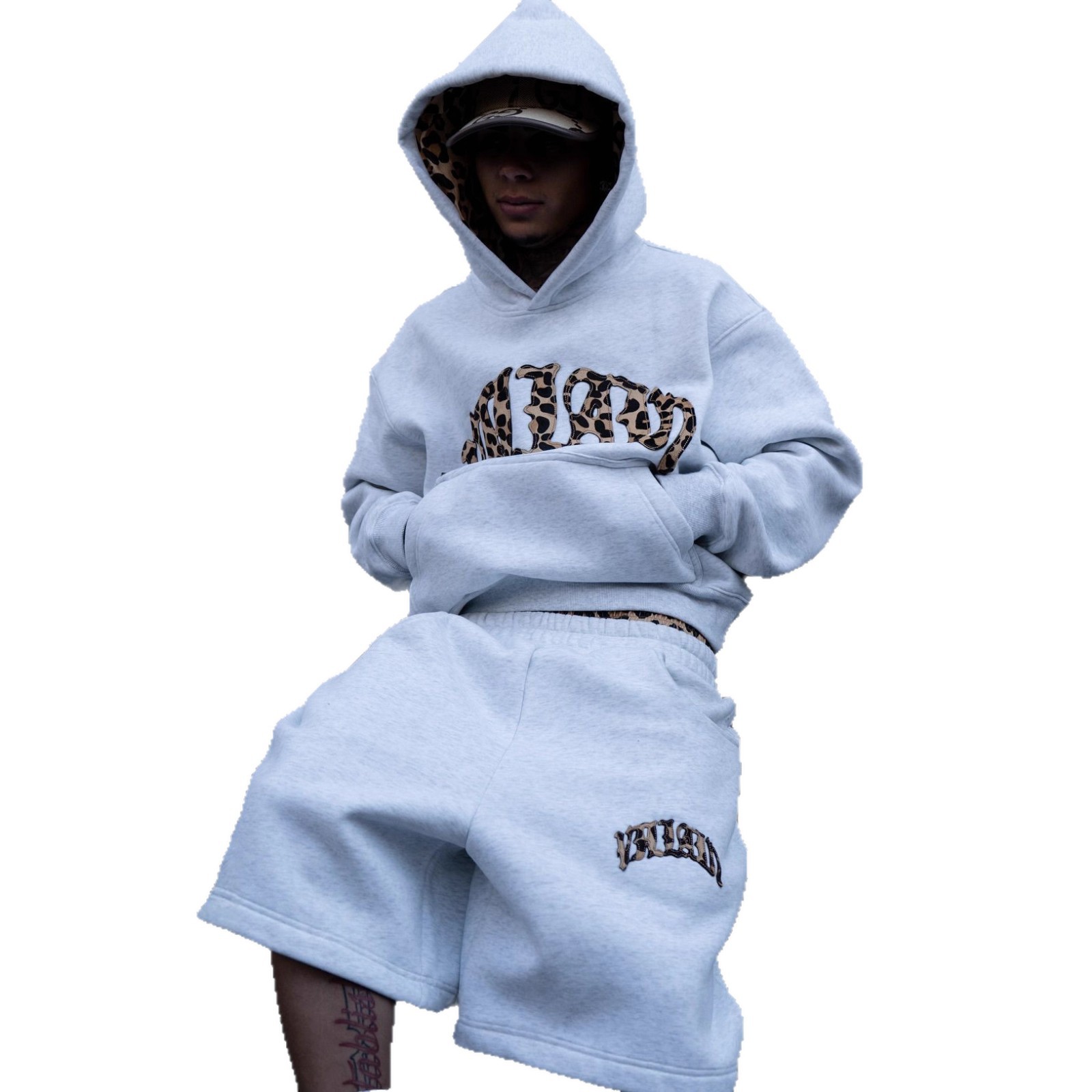 Unisex Leopard Print Embroidered Hoodie Set with Lined Hood