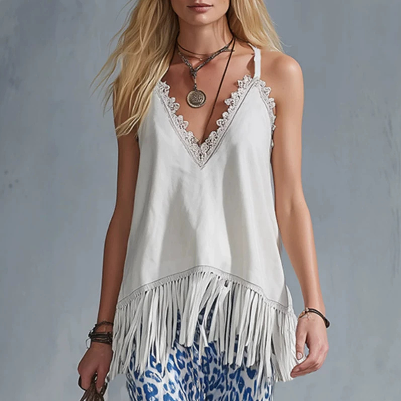 Elegant White Fringe Top and Blue Leopard Chiffon Flare Pants Set