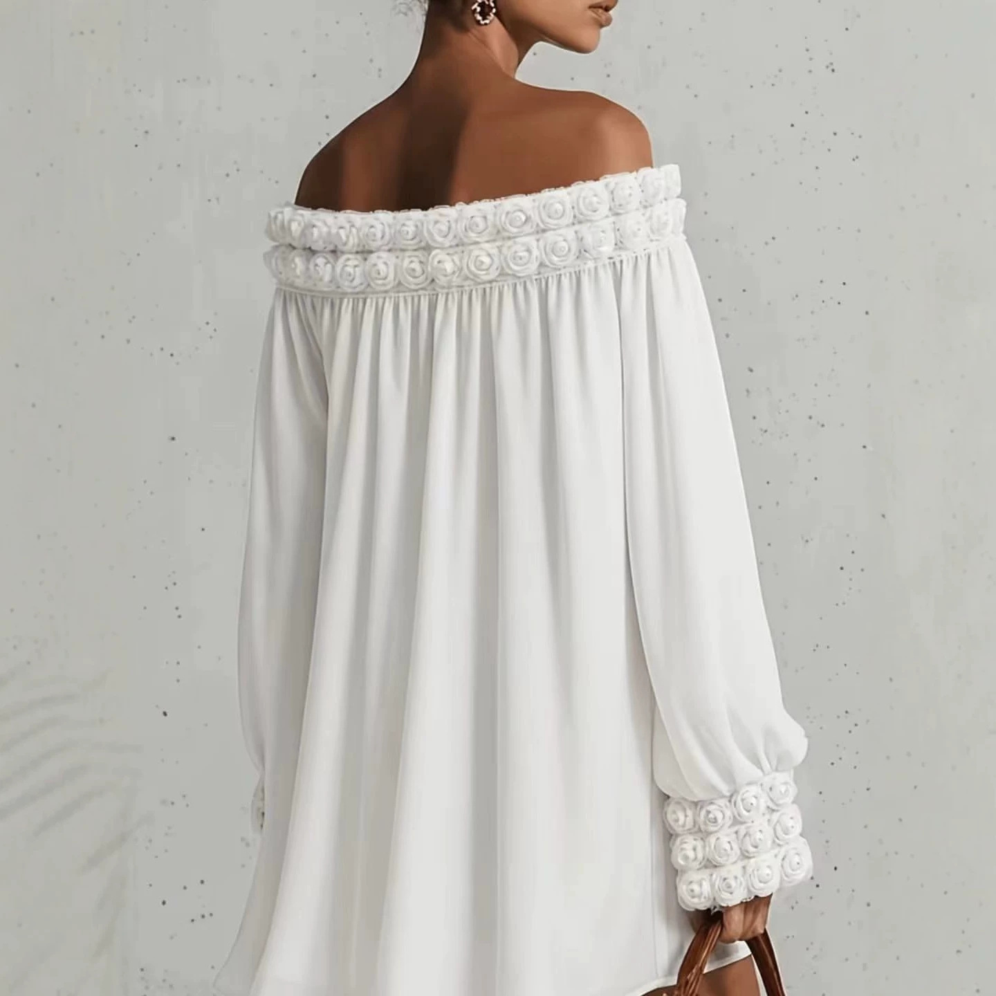 Off-Shoulder Floral Dress with Puff Sleeves and A-Line Skirt