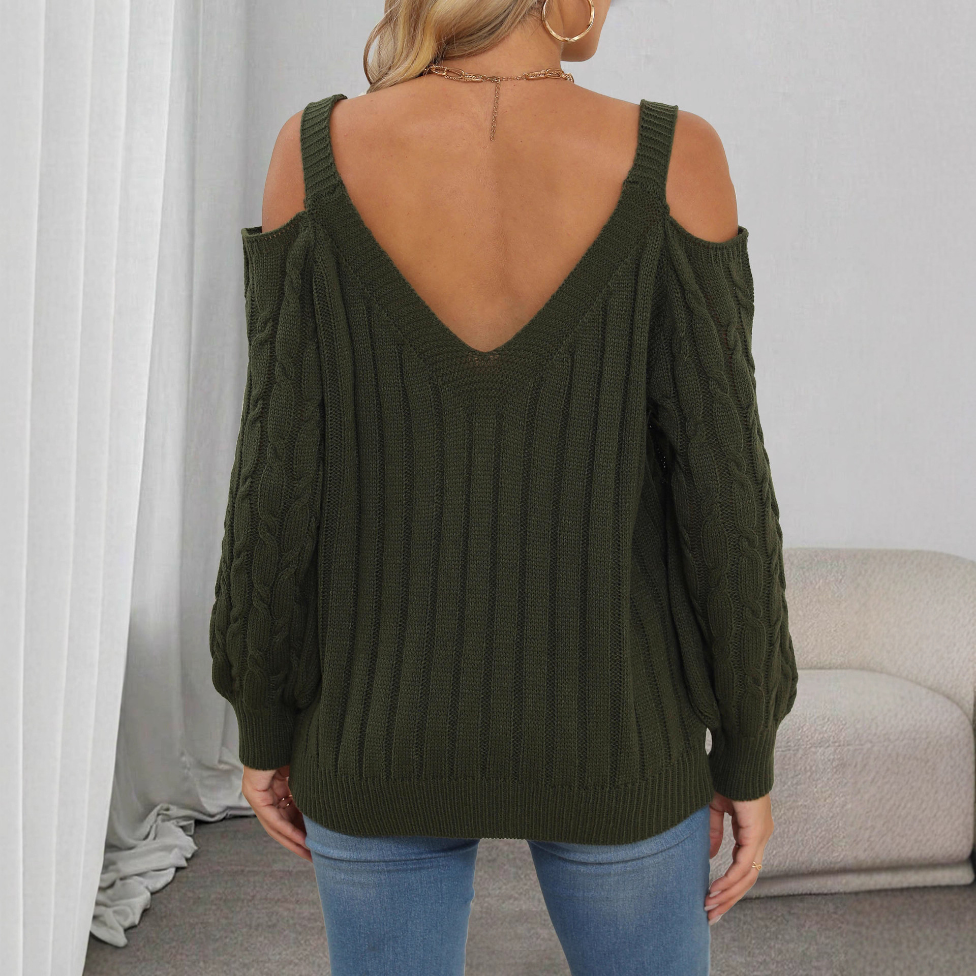 Women's Cold-Shoulder Cable-Knit Pullover Sweater with Crochet Floral Detail