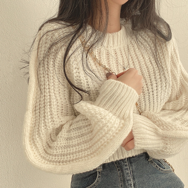 Women's Puff Sleeve Soft Knit Sweater Solid Color Crew Neck Long Sleeve Loose Pullover
