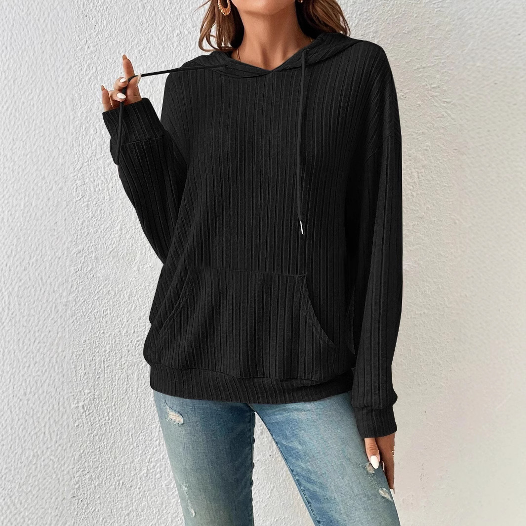 Women's Ribbed Knit Hoodie with Kangaroo Pocket