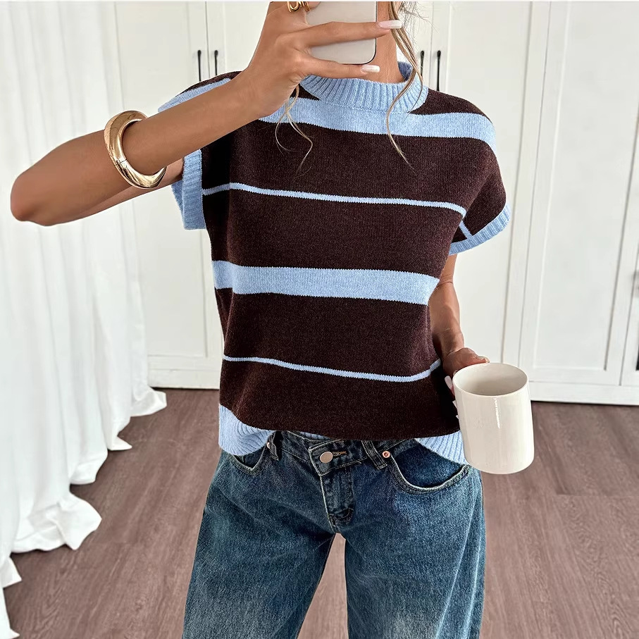 Striped Knit Sweater Vest Crew Neck Pullover