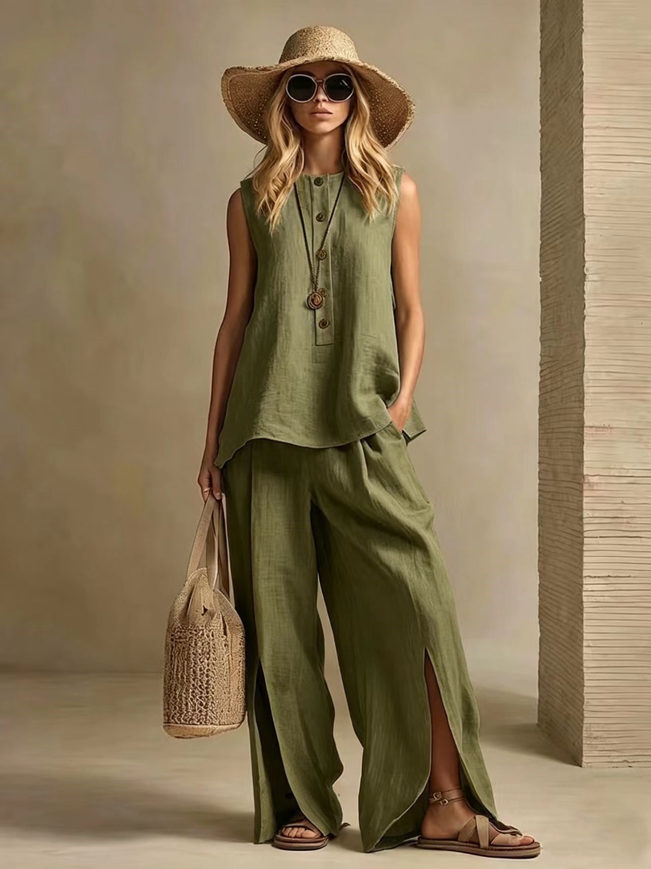 Women's Sleeveless Shirt & Pants Two-Piece Set Loose Fit