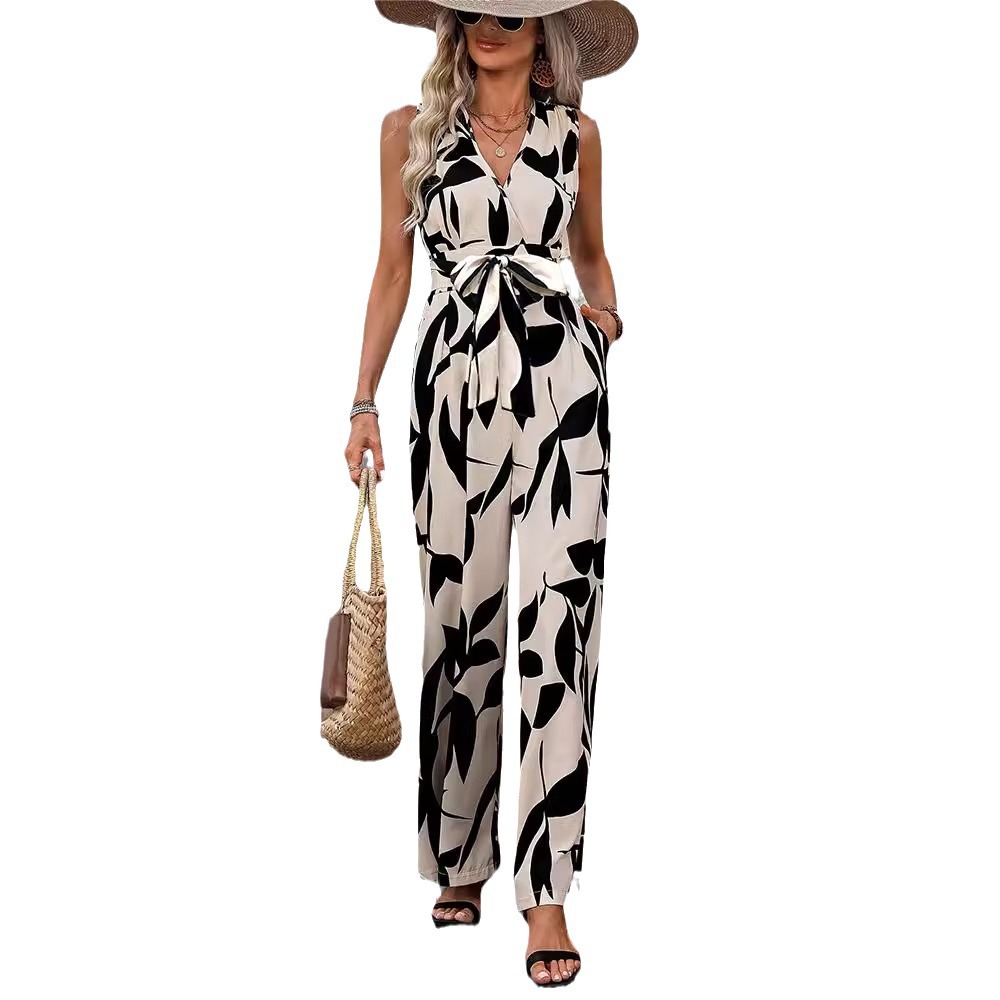 Sleeveless Printed High-Waist Tie Wide-Leg Jumpsuit for Women