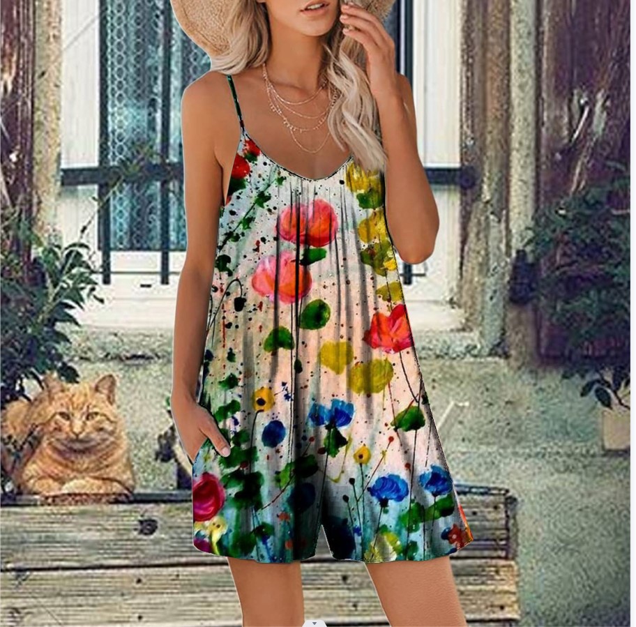 Women's Sleeveless Printed Romper with Pockets Casual Summer Shorts Jumpsuit