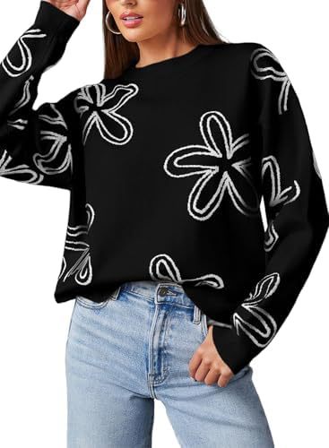 Women's Floral Print Chunky Knit Crewneck Long Sleeve Pullover Sweater