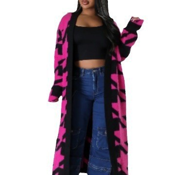 Geometric Houndstooth Knit Cardigan Faux Mink Long Sleeve