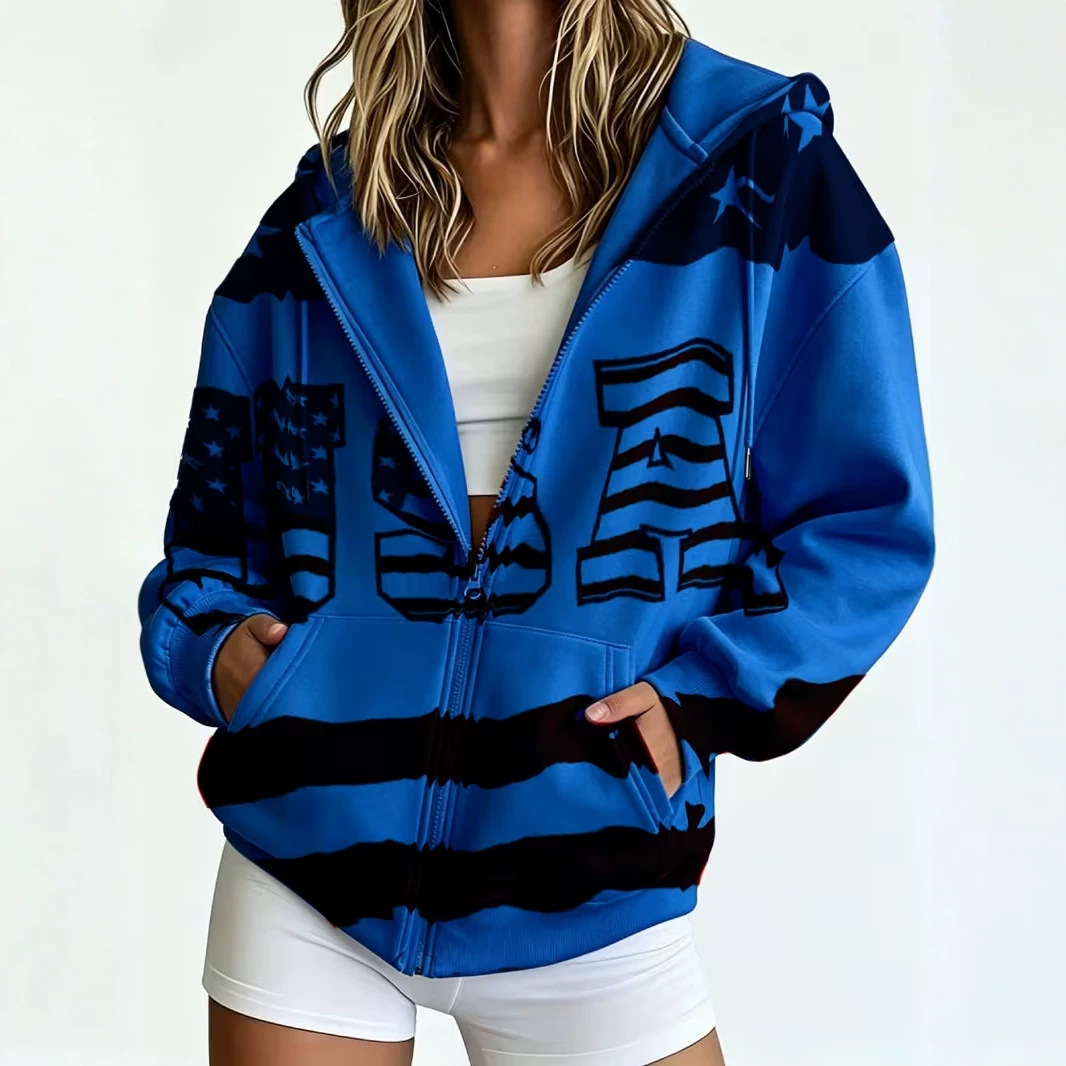 Women's Colorblock USA Flag Striped Zip-Up Hoodie