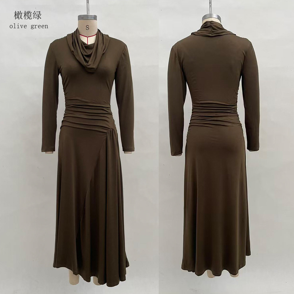 Elegant Ruched Cowl Neck Slim Fit Long Sleeve Dress