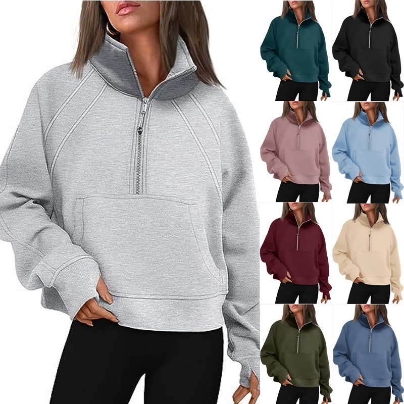 Women's Half-Zip Cropped Stand Collar Fleece-Lined Solid Hoodie