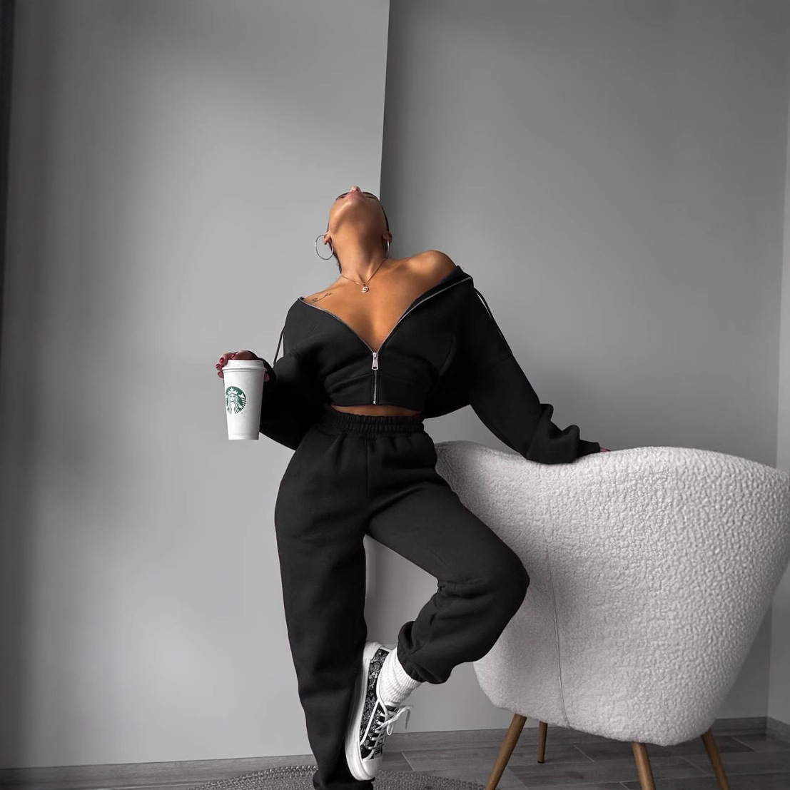 Women's Solid Color Hooded Long Sleeve Jogger Two-Piece Tracksuit