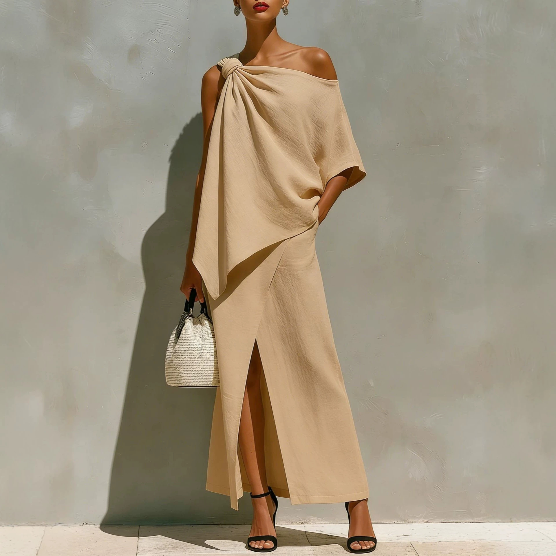 Women's Solid Color One-Shoulder Knot Front Slit Irregular Two-Piece Set