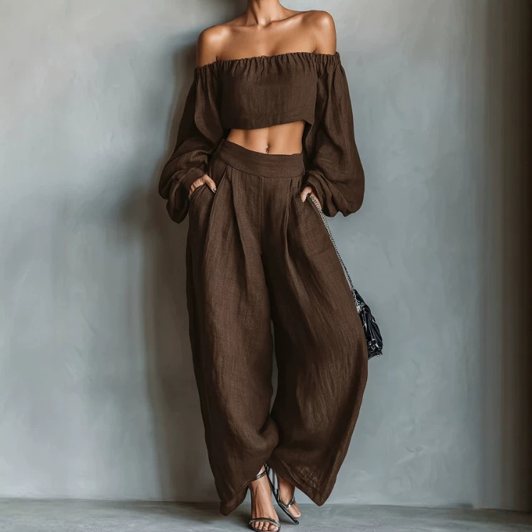 Women's Off-Shoulder Top & Wide-Leg Pants Set
