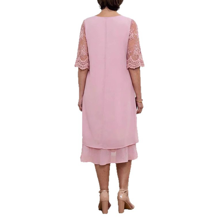 Elegant Solid Lace Half-Sleeve Round-Neck Midi Dress