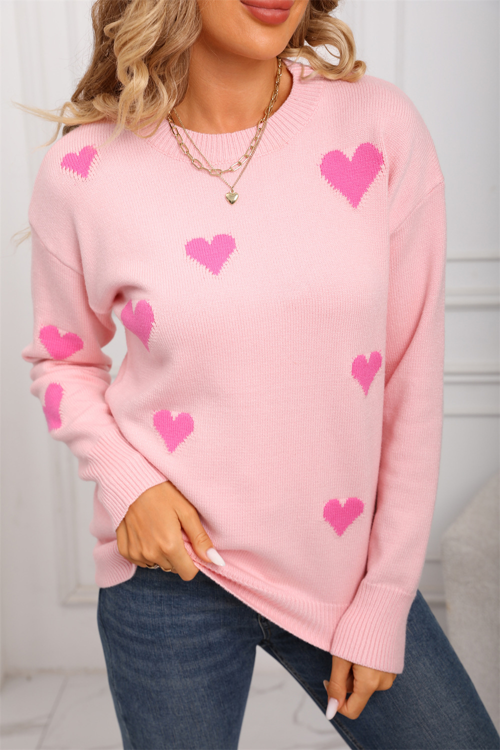 Long Sleeve Heart Embroidered Loose Knit Sweater