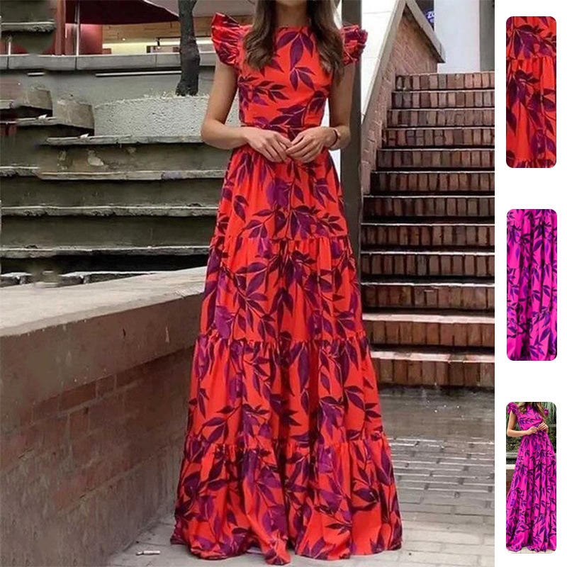 Floral Print Flutter Sleeve Ruffle Maxi Dress