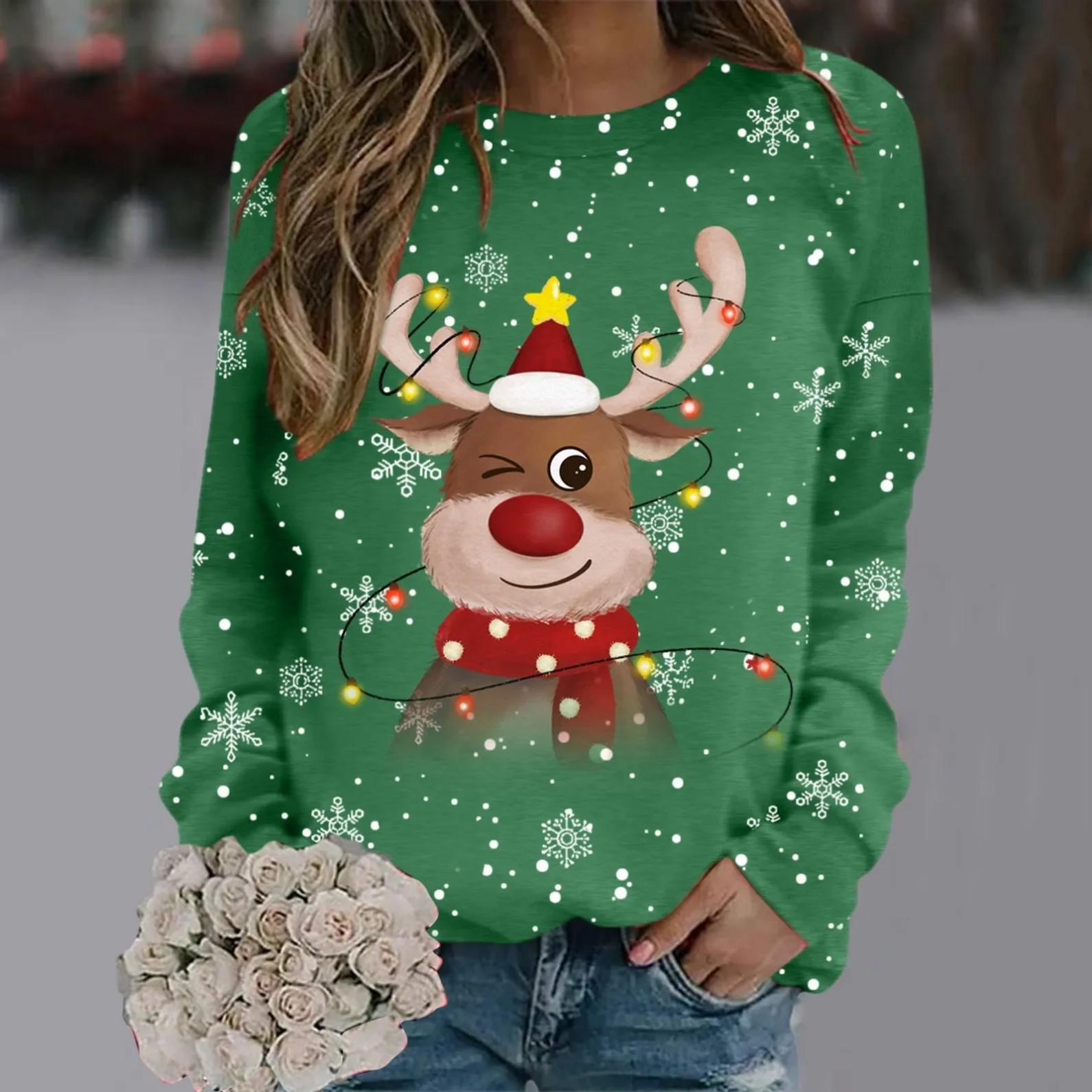 Women's Cartoon Christmas Reindeer Snowflake Print Crewneck Sweatshirt