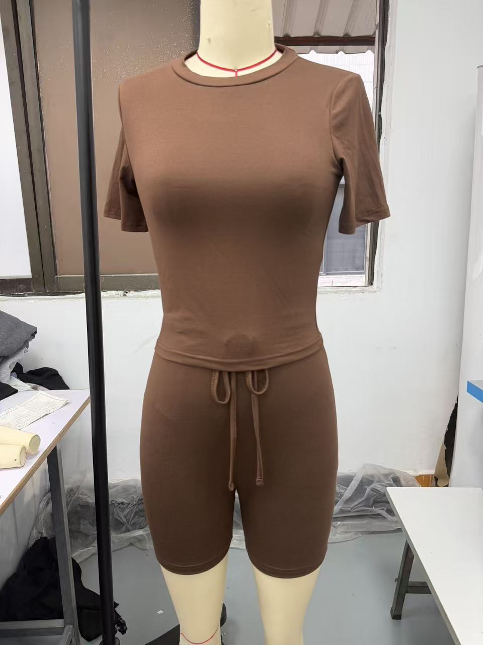 Women's Solid Color Short Sleeve Tie Shorts Yoga Set