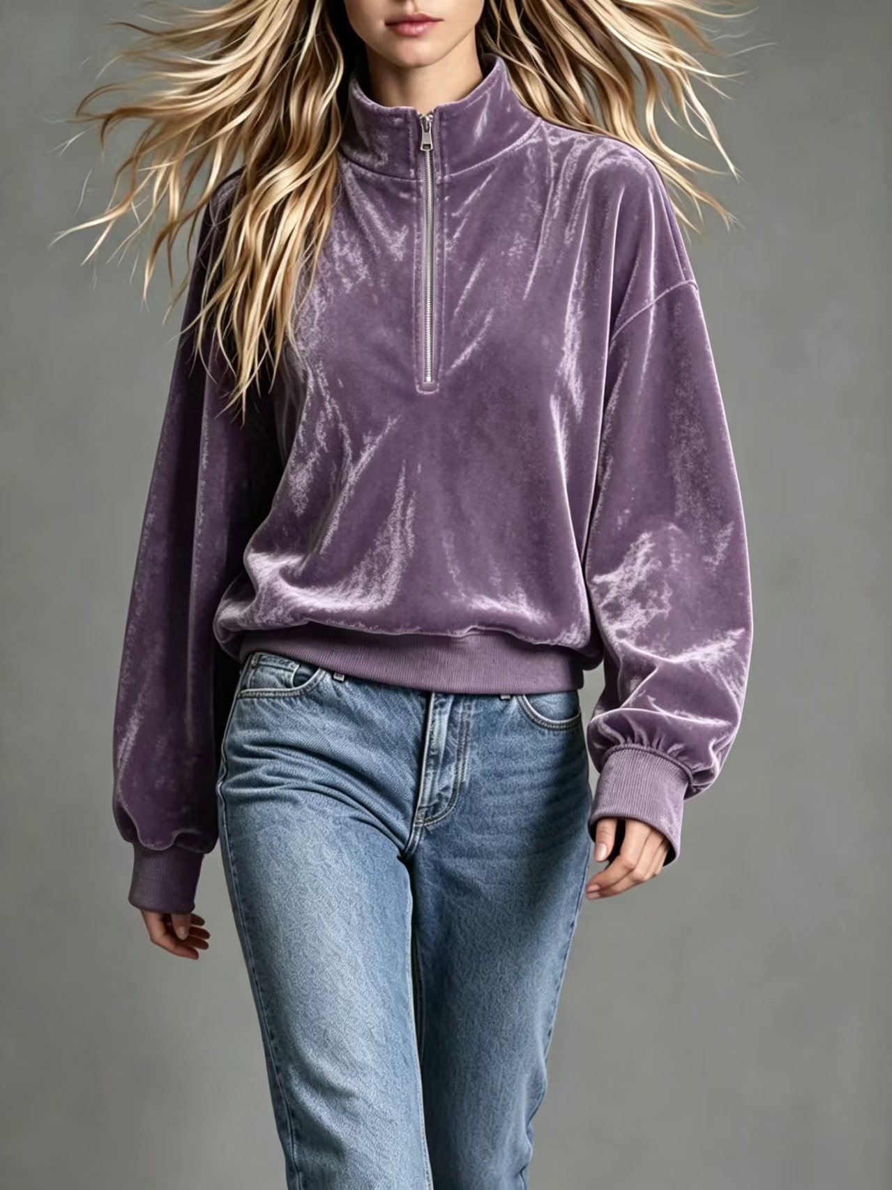 Women's Velvet Zip-Up Stand Collar Loose Long Sleeve Solid Color Casual Sweatshirt