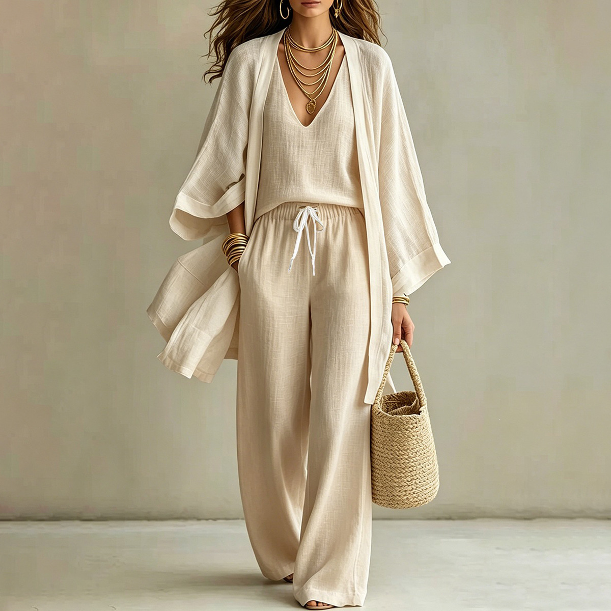 Women's 3-Piece Lounge Set: Open-Front Cardigan, Sleeveless V-Neck Vest & Wide-Leg Pants
