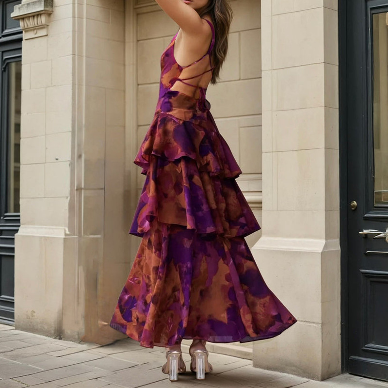 Elegant Botanical Print Cami Tiered Dress