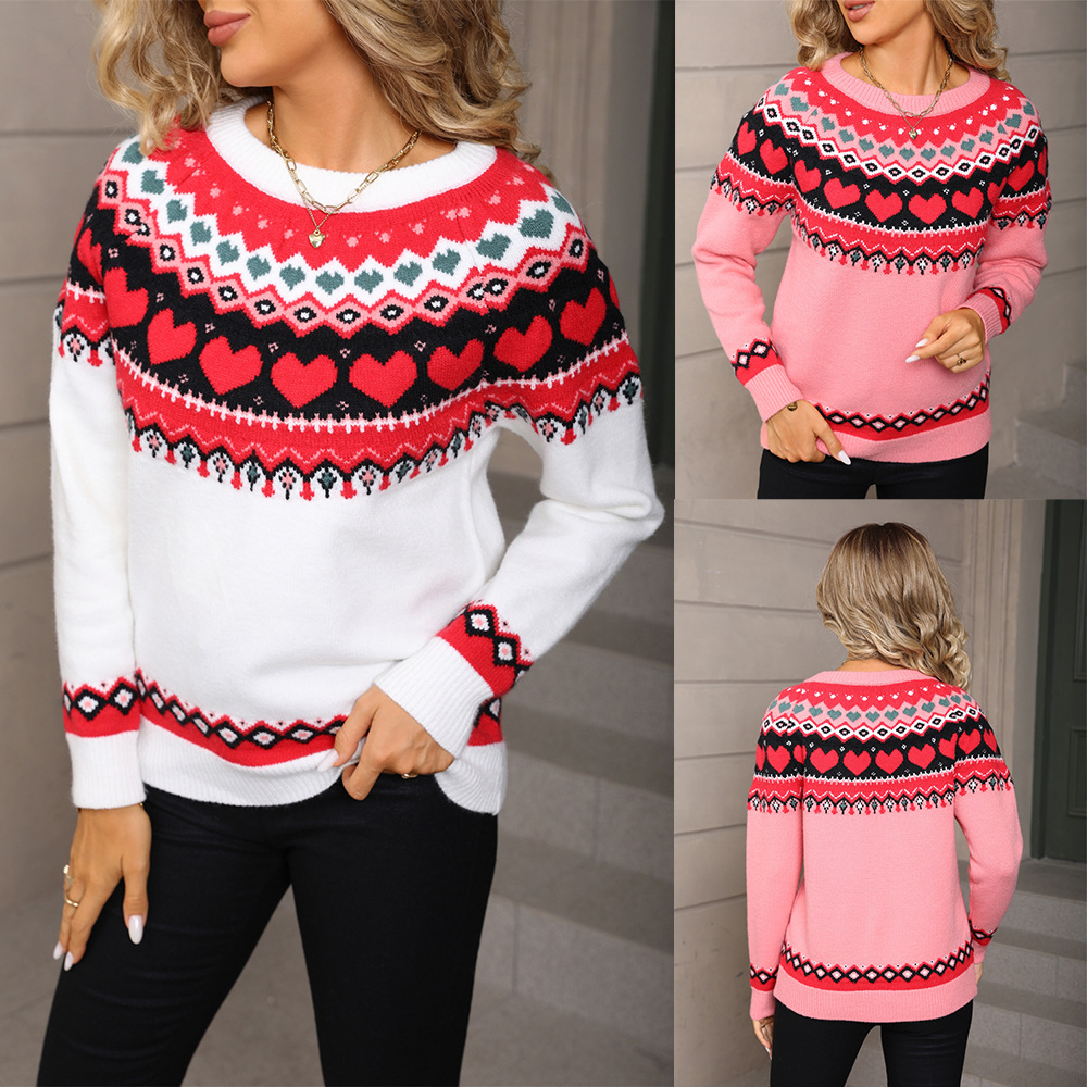 Heart Jacquard Knit Pullover Sweater Plus Size Crew Neck Long Sleeve