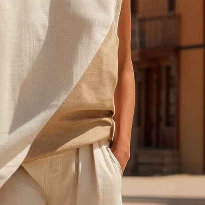 Women's Color Block Off-Shoulder Cotton Linen T-Shirt and Shorts Set
