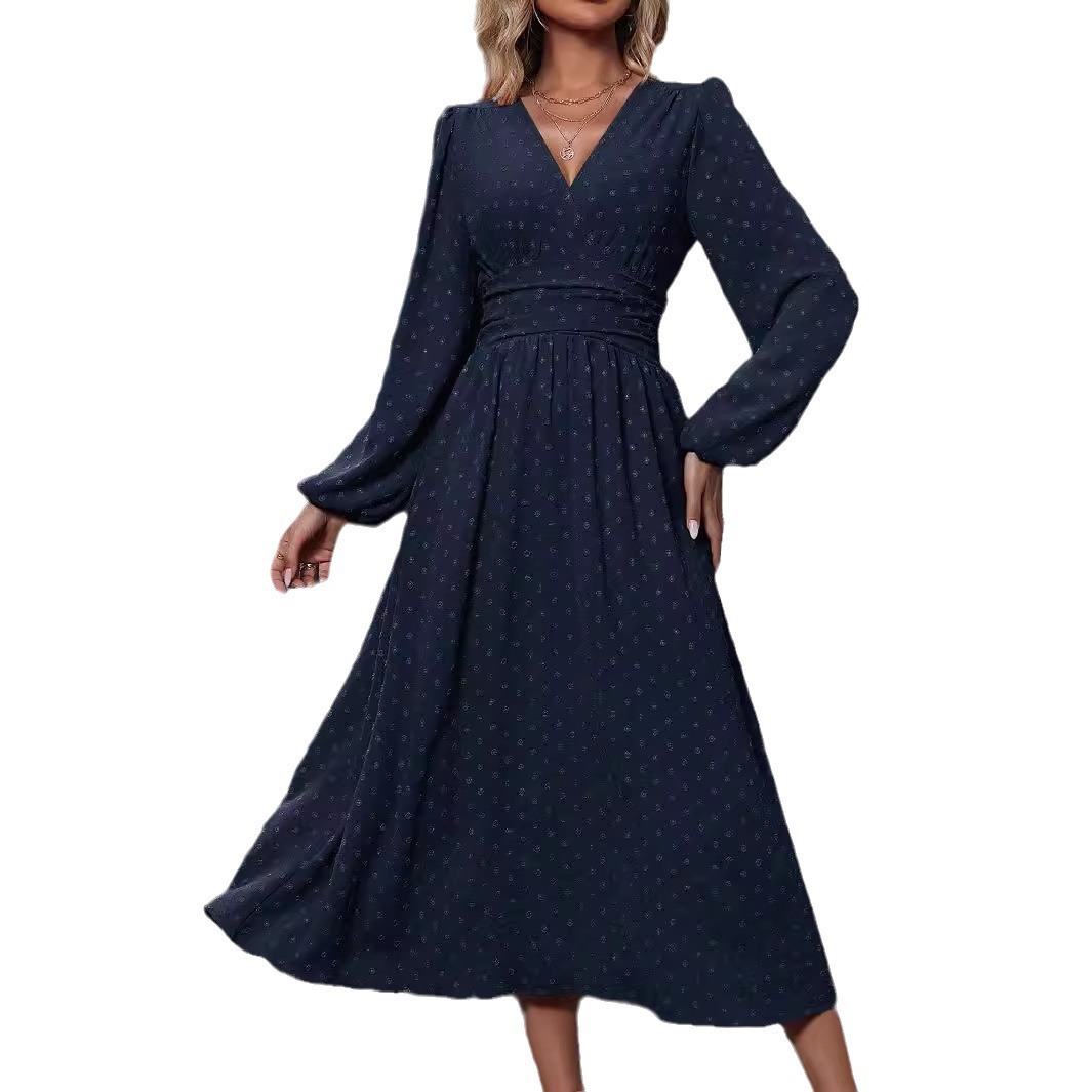 Women's Asymmetric V-Neck Lantern Sleeve Ruched Waist Midi Dress