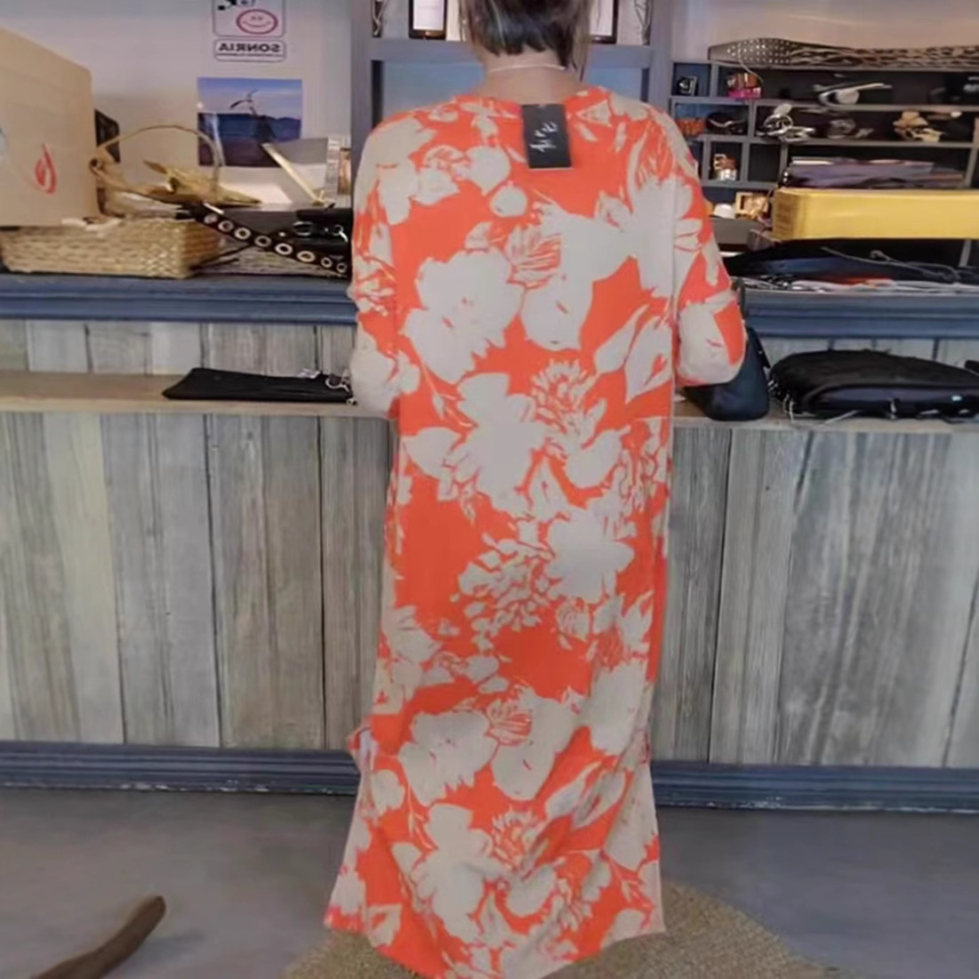 Printed Round Neck Long Sleeve Maxi Dress