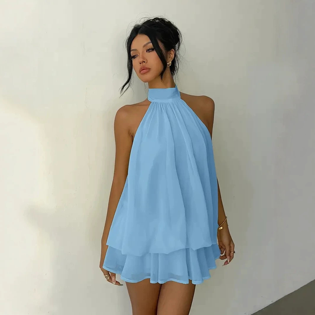 Women's Backless Halter Tie-Waist Top and Puff Skirt Dress Set