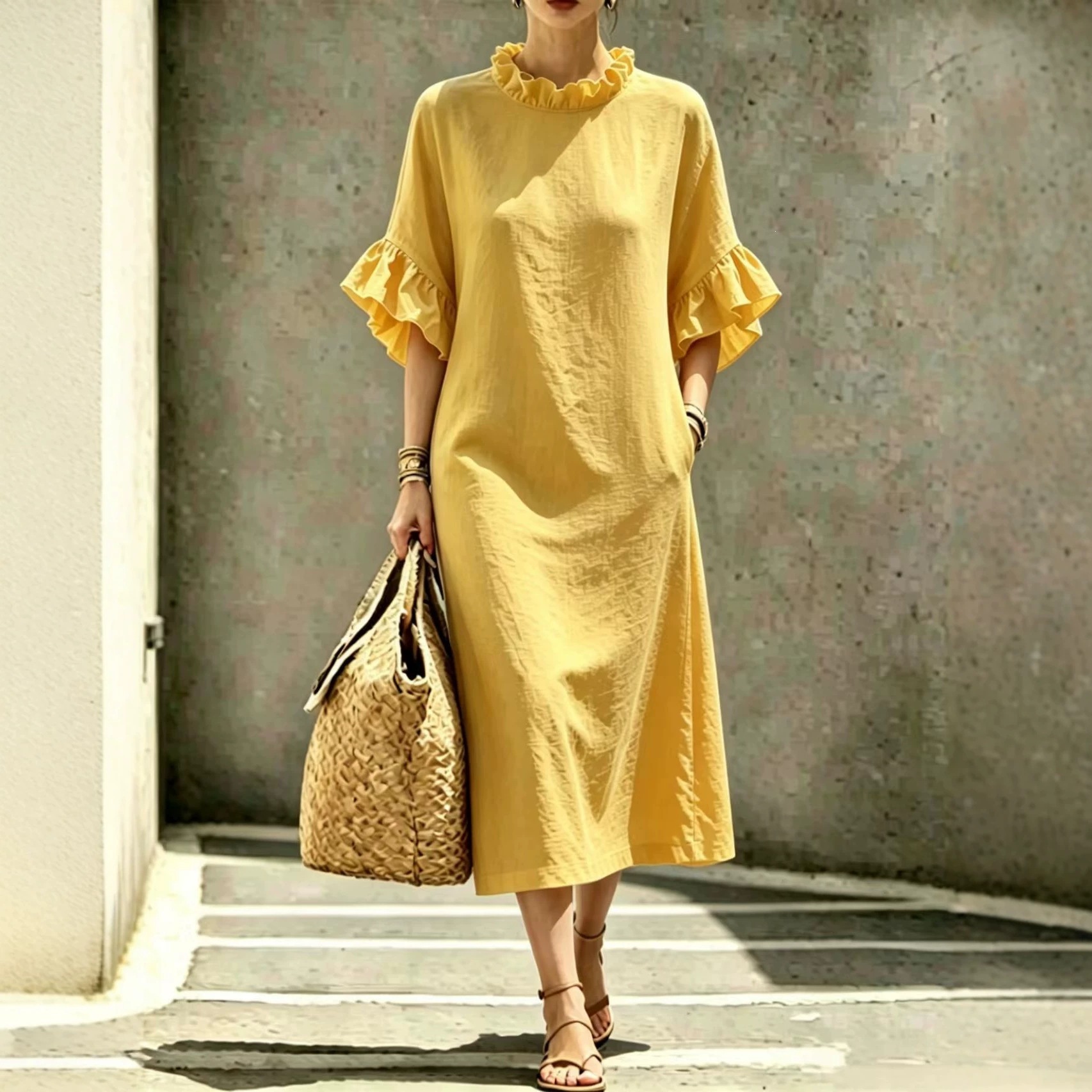 Women's Casual Midi Dress with Ruffle Trim and Geometric Print