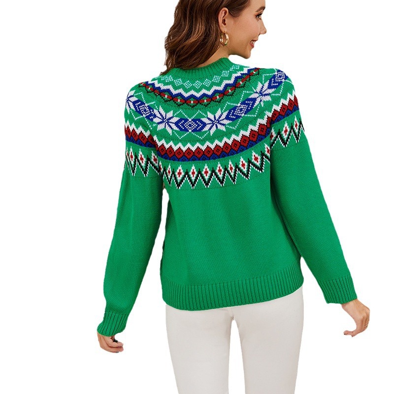 Women's Retro Colorblock Jacquard Pullover Knit Sweater Long Sleeve Crew Neck