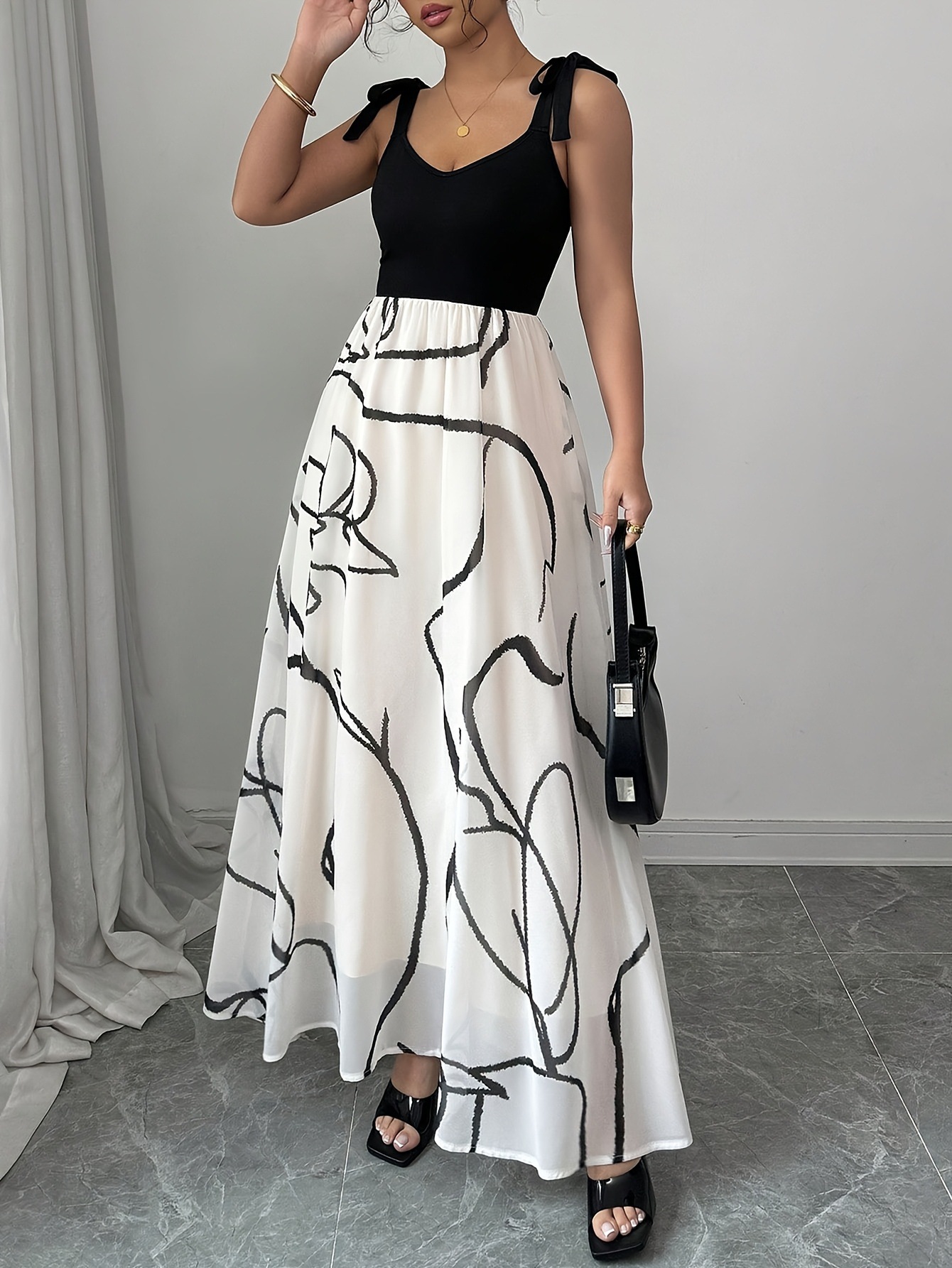 Elegant Floral Print Long Dress Short Sleeve V-Neck A-Line