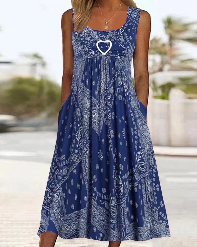 Sleeveless Floral Midi Dress Square Neck Loose Fit Vacation