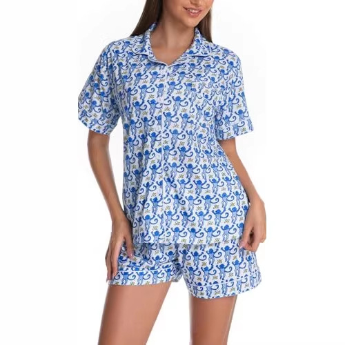 Women's Cuban Collar Polka Dot Print Short Sleeve Top Set
