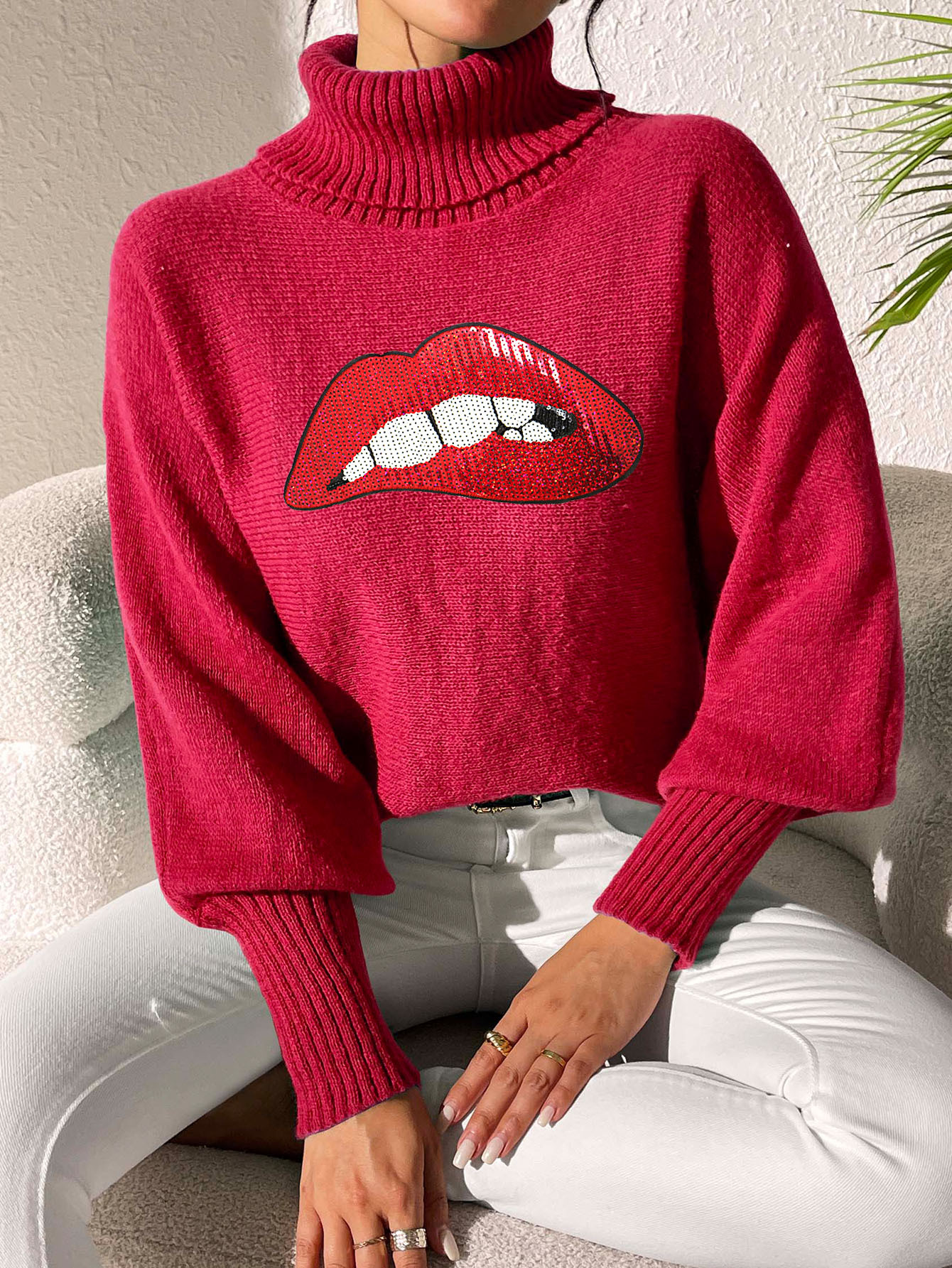 Women's Sequin Embroidered Cartoon Lips Turtleneck Pullover Sweater