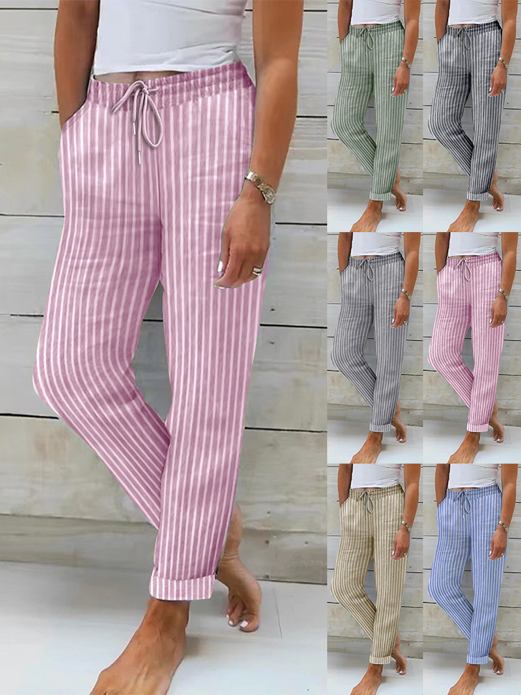 Women's Striped & Solid Cotton-Linen Loose Casual Pants