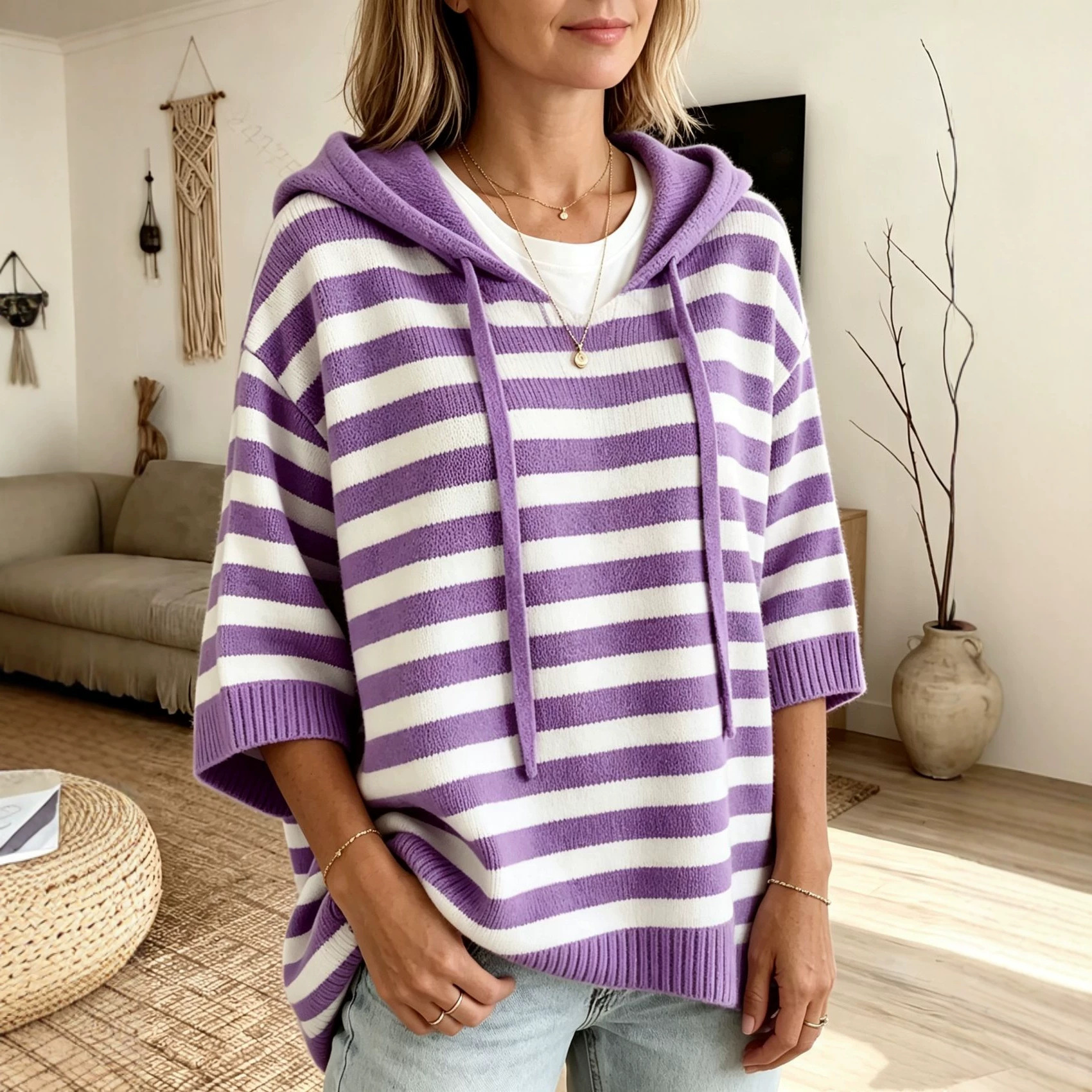 Striped Hooded Knit Pullover Sweater with Drawstring