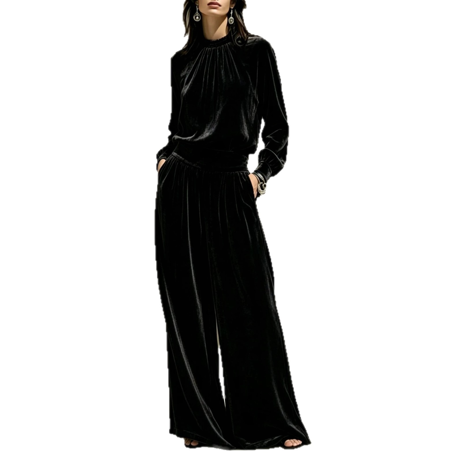 Wide-Leg Velvet Two-Piece Set with Long-Sleeve Top